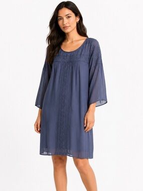 Joie Women’s L Silk Shift Dress Slate Blue Embroidered Boho Sheer Sleeve Lined